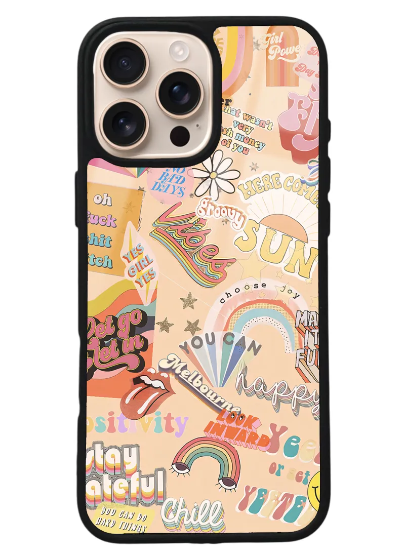 iPhone 16 Pro Max Vintage Sticker Tasarımlı Glossy Telefon Kılıfı