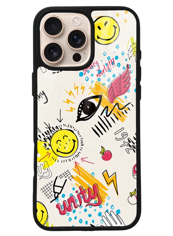 iPhone 16 Pro Max Doodle Emoji Tasarımlı Glossy Telefon Kılıfı